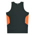 A dark green singlet with orange side panels and a logo on the back. Casual style for kids.