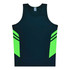 A dark navy singlet with vibrant green side panels and stripes, featuring a logo on the upper back.