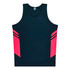 A dark navy singlet featuring pink stripes on the sides, with a logo on the neckline.