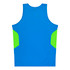 A blue singlet with bright green side panels and a logo on the back. Suitable for kids' wear.