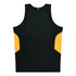 A black singlet with yellow side panels and a branding logo.