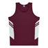 A maroon singlet featuring white side panels and a logo on the label.