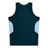A dark green singlet with light blue side panels and a logo at the neckline.