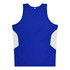 A blue singlet with white side panels, featuring a branded logo at the back.