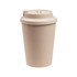 A reusable coffee cup in a light beige shade, featuring a comfortable eco-friendly lid and a logo.