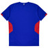 A blue T-shirt with red accents on the sides and a logo. Suitable for kids.