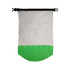 A waterproof bag in white and bright green, featuring a black closure and a logo. Ideal for keeping items dry.