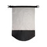 A waterproof bag featuring a grey top section and a black bottom, with a logo and adjustable straps.