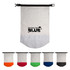 A waterproof bag in grey with a black logo, featuring lower sections in orange, red, green, blue, and black.