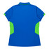 A blue polo shirt with green accents featuring a collar and short sleeves. The back view showcases a logo.
