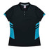 A black polo shirt with turquoise accents and stripes, featuring a collar and buttons. It has a logo.