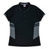A black polo shirt with grey accents and a logo. It features a classic collar and a sporty design.