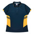 A navy and yellow polo shirt featuring a collar and branding. It has a sporty design with side panels.