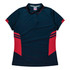 A navy blue and red women's polo shirt featuring a collar and sporty side stripes, with a logo present.