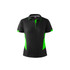A black polo shirt with vibrant green accents and a logo, designed for women's wear.