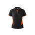 A black polo shirt with orange detailing and a logo on the chest area.