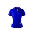 A blue polo shirt with white accents and a logo, featuring a classic collar and short sleeves.