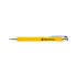 A yellow metal pen with silver accents and a logo on the barrel.