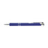 A metal pen in a vibrant blue colour with silver accents and a sleek design. Features a branding logo.