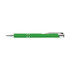 A metal pen in bright green with chrome accents and a sleek design. It features a branded logo.