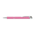 A pink metal pen with a shiny silver clip and accents, featuring a branding logo.