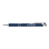 A metal pen in navy blue with silver accents and a branding logo.