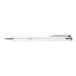 A metal pen in white with silver accents and a clip, featuring a logo on its surface.