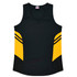 A black singlet featuring yellow accents and stripes, with a logo on the chest area.