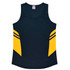 A navy singlet with yellow accents and a v-neck design, featuring a logo on the label.
