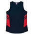 A navy blue singlet with red side panels and a V-neckline. The garment features a logo.