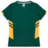 A green and yellow sports tee with a V-neck and contrasting side stripes, featuring a logo.