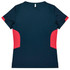 A navy blue women's sports tee featuring red side panels and a smooth finish, complete with a branding logo.