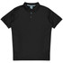 A black polo shirt featuring a collar and button placket, with side design details and a branding logo.