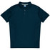 A dark navy polo shirt with a collar and three-button placket, featuring subtle panel details on the sides.