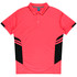 A pink and black polo shirt with a collar, buttons, and side stripes, featuring a logo.