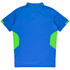 A blue polo shirt with green accents on the sides and a plain back. It features a logo on the front.