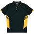 A dark green polo shirt with yellow accents and three stripes on the sleeves. It features a collar and buttons.