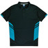 A dark green polo shirt with turquoise accents and stripes, featuring a collar and three buttons. It has a logo.