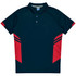 A navy blue polo shirt with red accents and stripes on the sides. Features a collar and buttons, along with a logo.