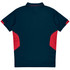 A navy polo shirt with red accents on the sides and back, featuring a collar and branding.