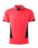 A red polo shirt featuring black side panels and a logo on the chest.