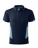 A navy blue men's polo shirt featuring light blue side panels and a collar with a logo.