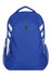 A blue backpack with white stripes, features mesh side pockets and a logo on the front.