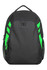 A black backpack with green accents and a side mesh pocket. It features a logo on the front.