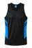 A black singlet featuring blue accents and stripes, designed for men's wear. It includes a logo on the label.