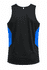 A black singlet featuring blue side panels and a logo at the back. Suitable for casual wear or sports activities.