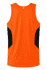An orange singlet featuring black side panels and a branding logo on the back.