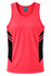 A bright red singlet with black side panels and a branded tag on the neckline.