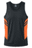 A men's singlet in black with orange side panels, featuring a logo on the chest.