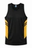A black and yellow men's singlet featuring a logo and stylish striped design on the sides.